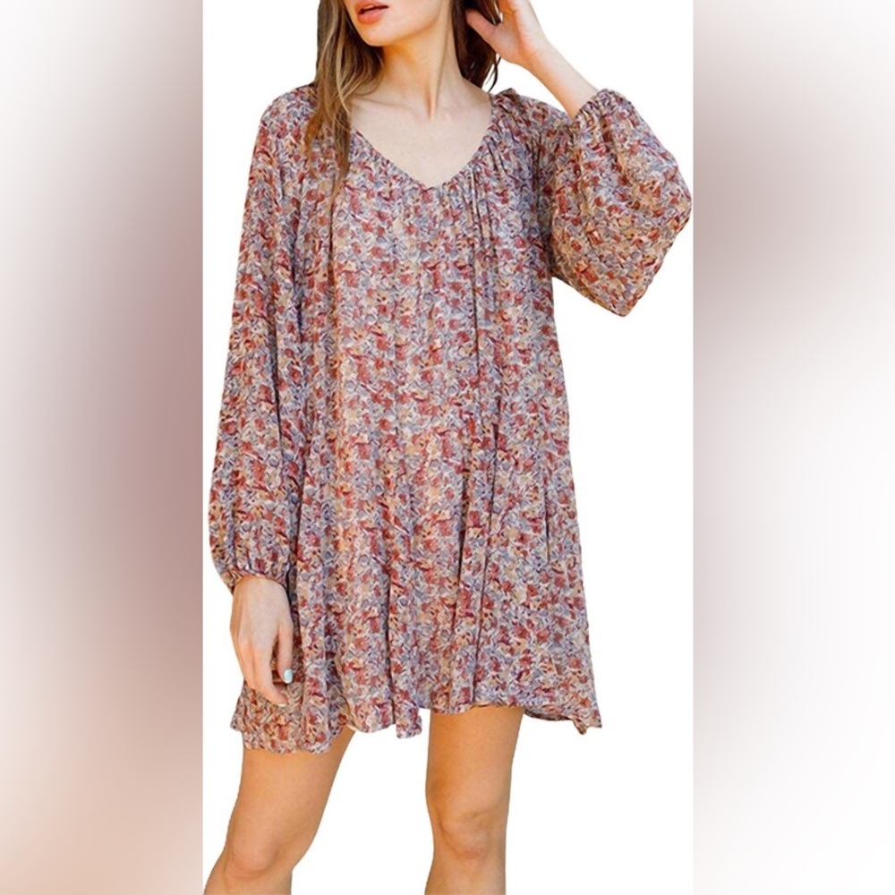NWOT Storia Georgette Mini Taupe Floral Print Dress boho lagen